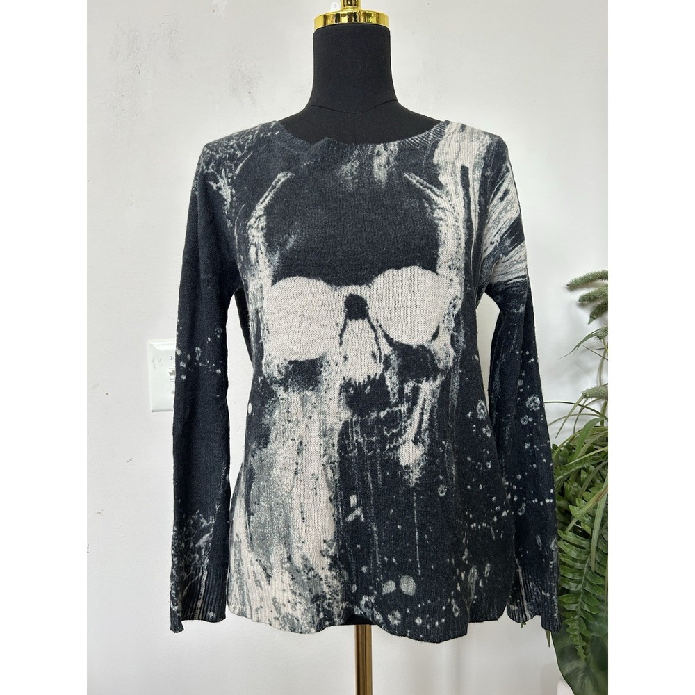 SKULL CASHMERE Black Gray Bleach Splash Graphic Skull Sweater Punk Goth Grunge S
